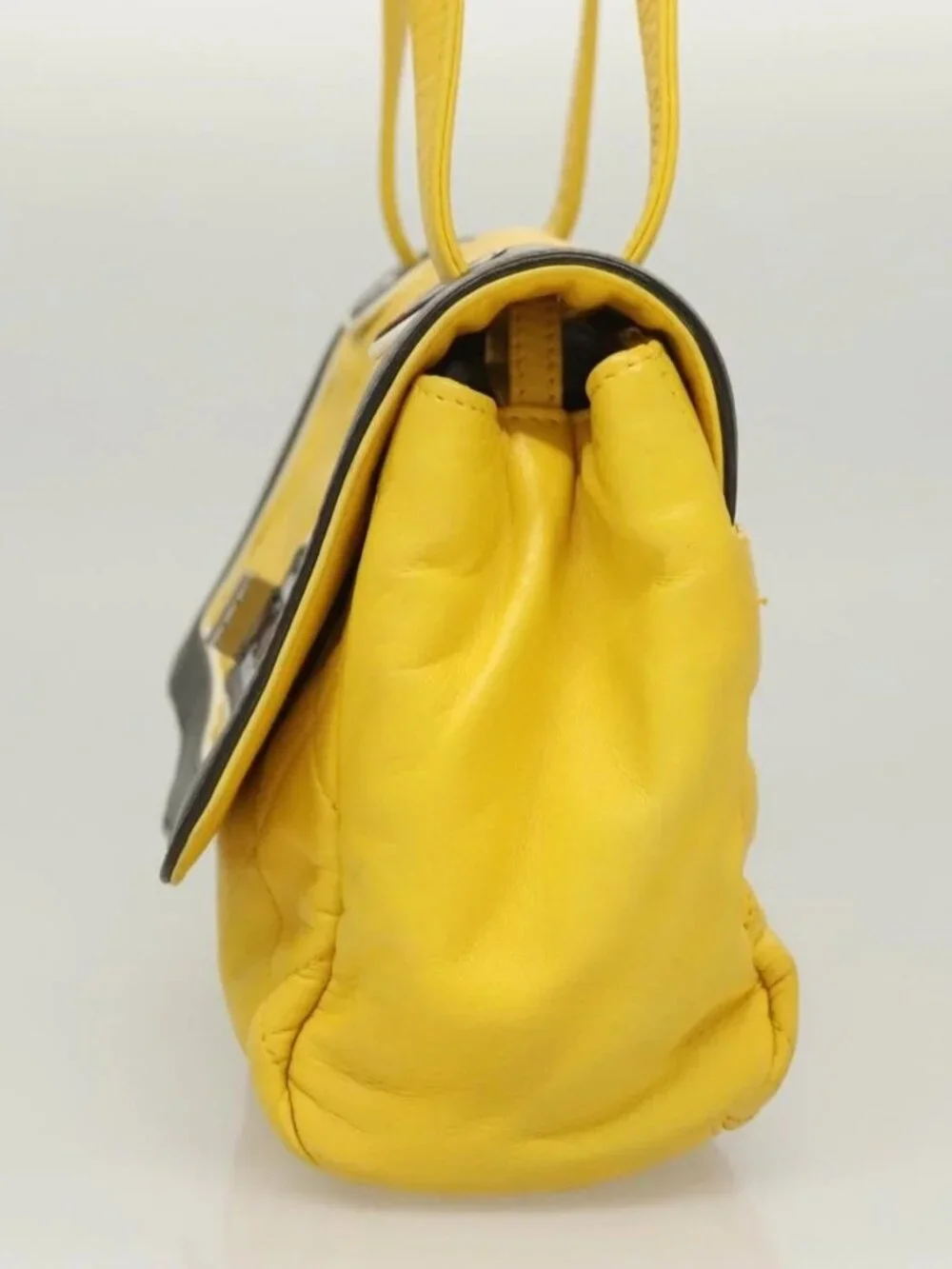 CHANEL Matelasse 2.55 Shoulder Bag Lamb Skin Yellow Silver CC Auth bs25489